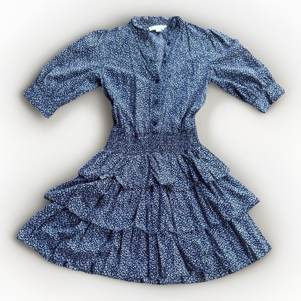 MICHAEL KORS Floral Dress Cotton Lawn Tiered Short Blue Flowers Boho Sz XS - Picture 4 of 16